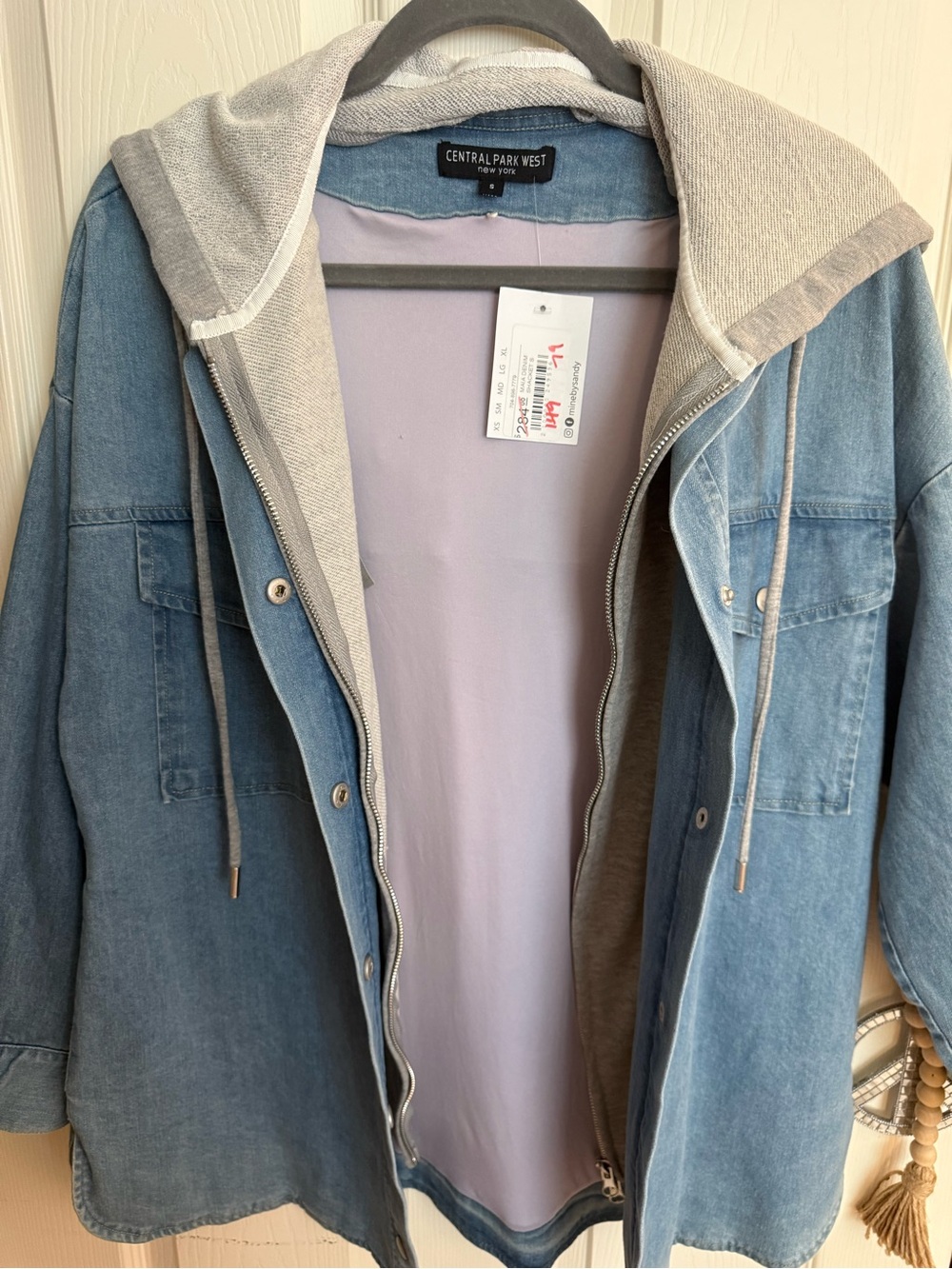 Central Park West - Light Wash Denim Hoodie Shacket with Removable Gray Hood NWT